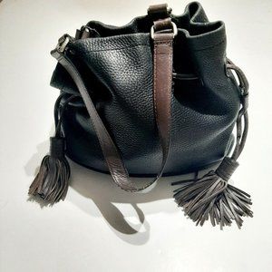 COLE HAAN Black & Brown Leather Drawstring Hobo Bucket Chunky Tassel Handbag